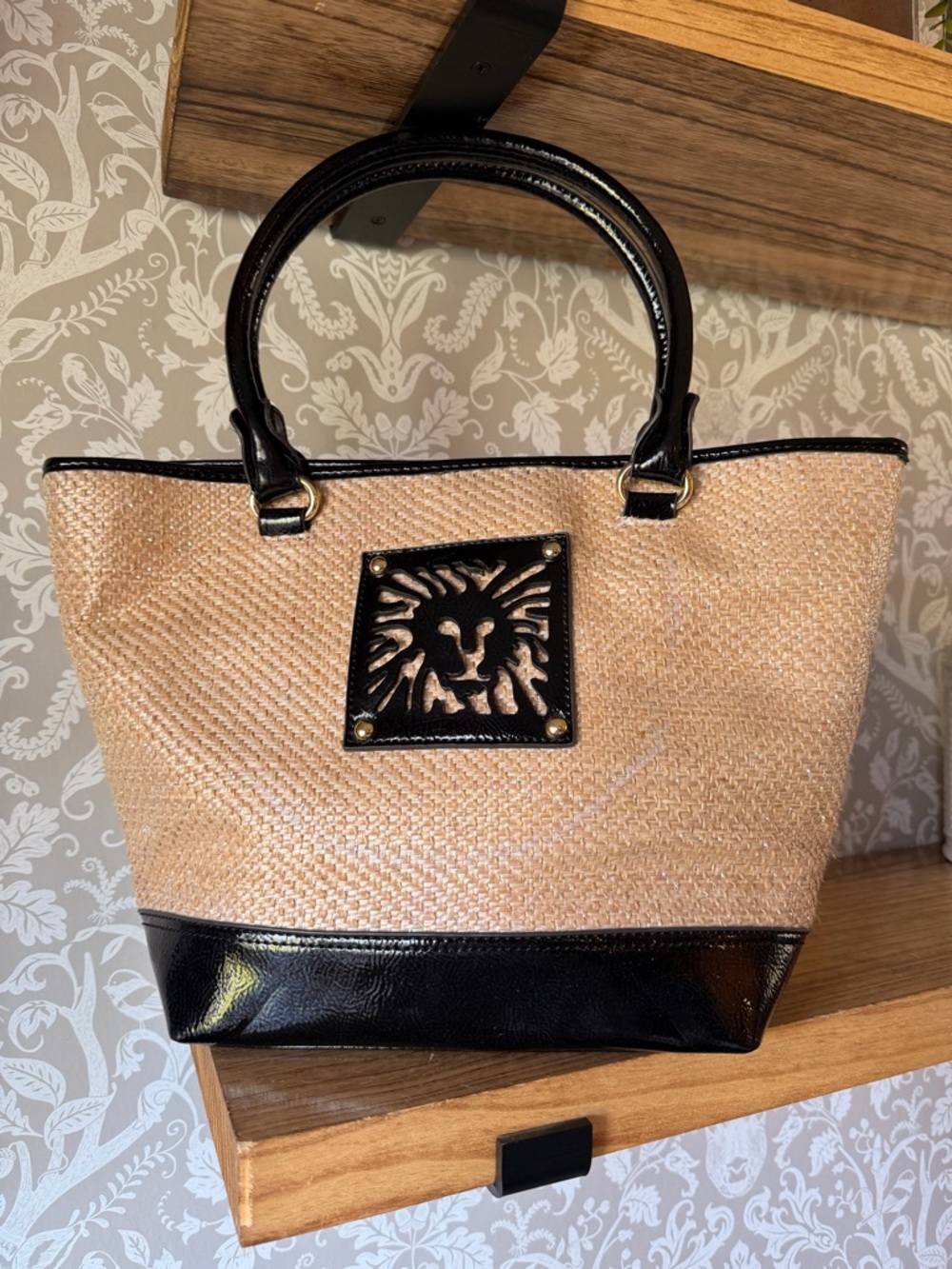 Anne Klein woven wicker lion head tote black patent faux leather trim & handles